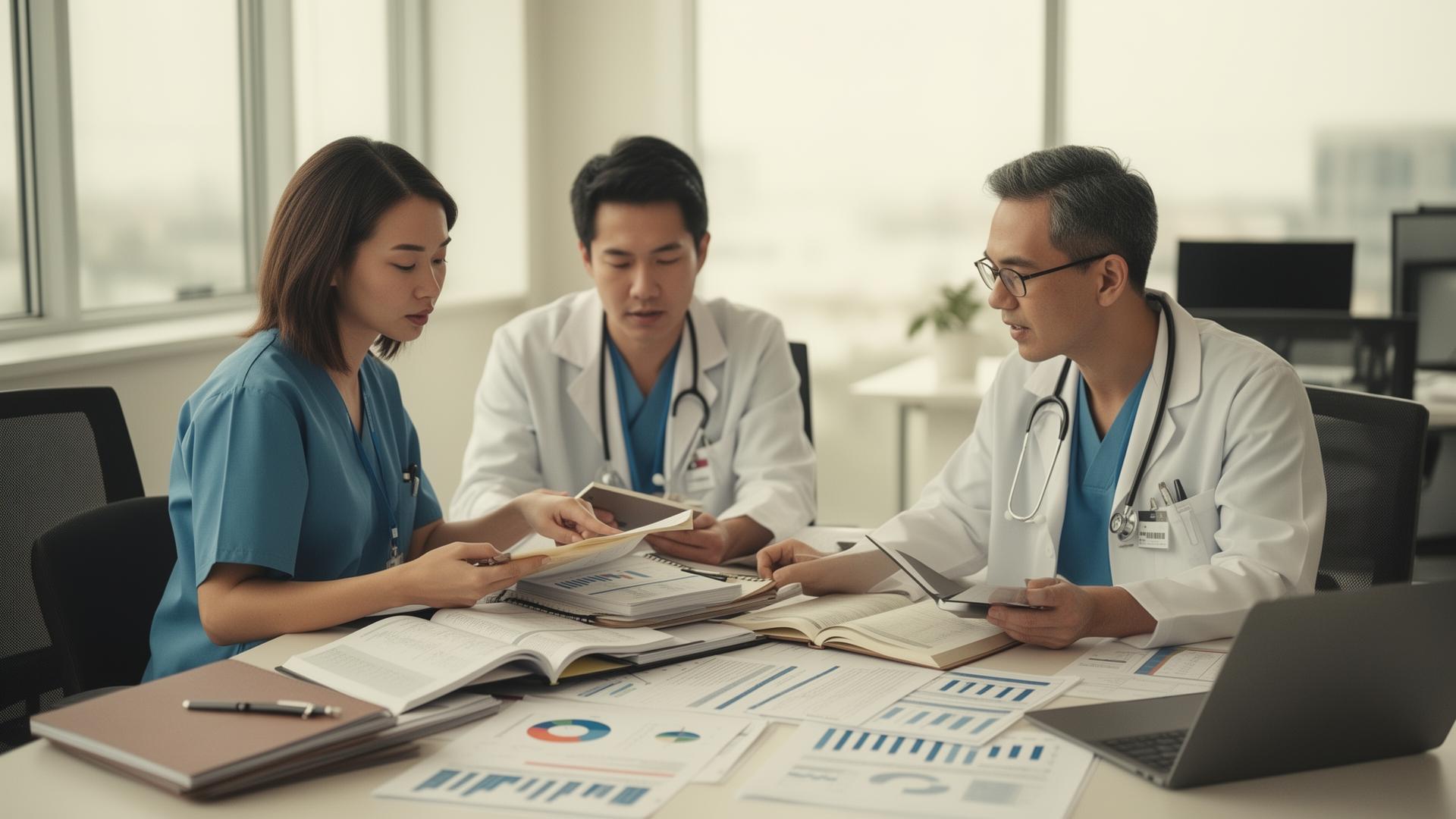 Med USA revenue specialists reviewing practice financials and reports with physicians